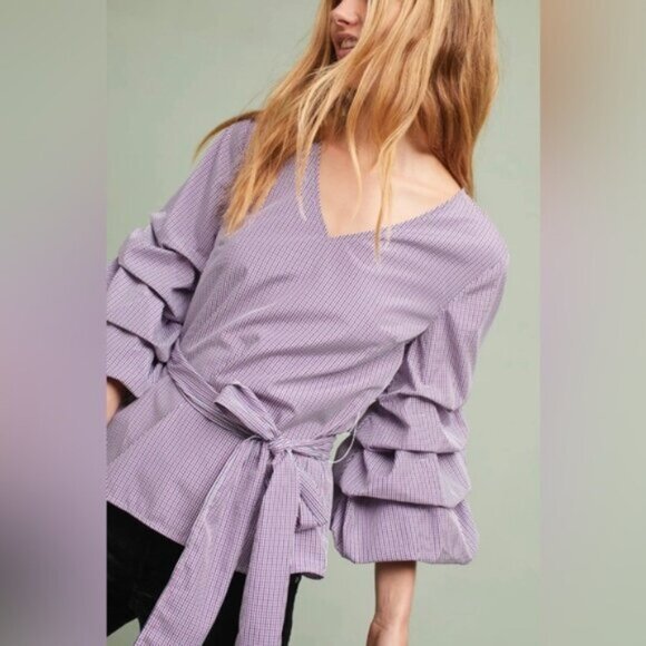 Anthropologie Sunday in Brooklyn Micro Gingham Balloon Sleeve Blouse - Picture 1 of 11